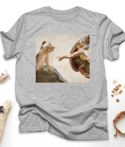 Sport Grey funny cat t-shirt with "Divine Paw of Creation" design, front view