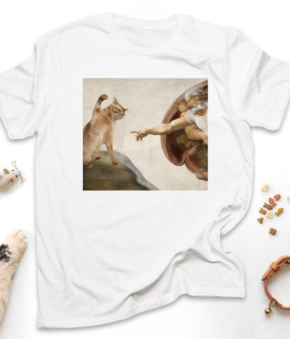 White funny cat t-shirt with "Divine Paw of Creation" design, front view