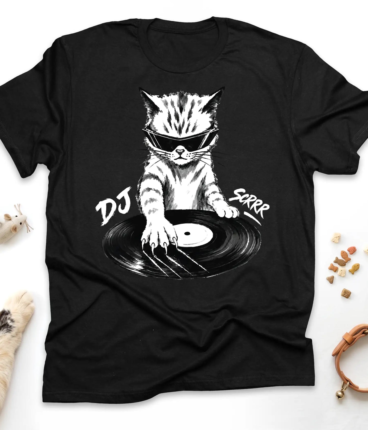 Black funny cat t-shirt with "DJ Scrrr Cat" design, flat lay top view