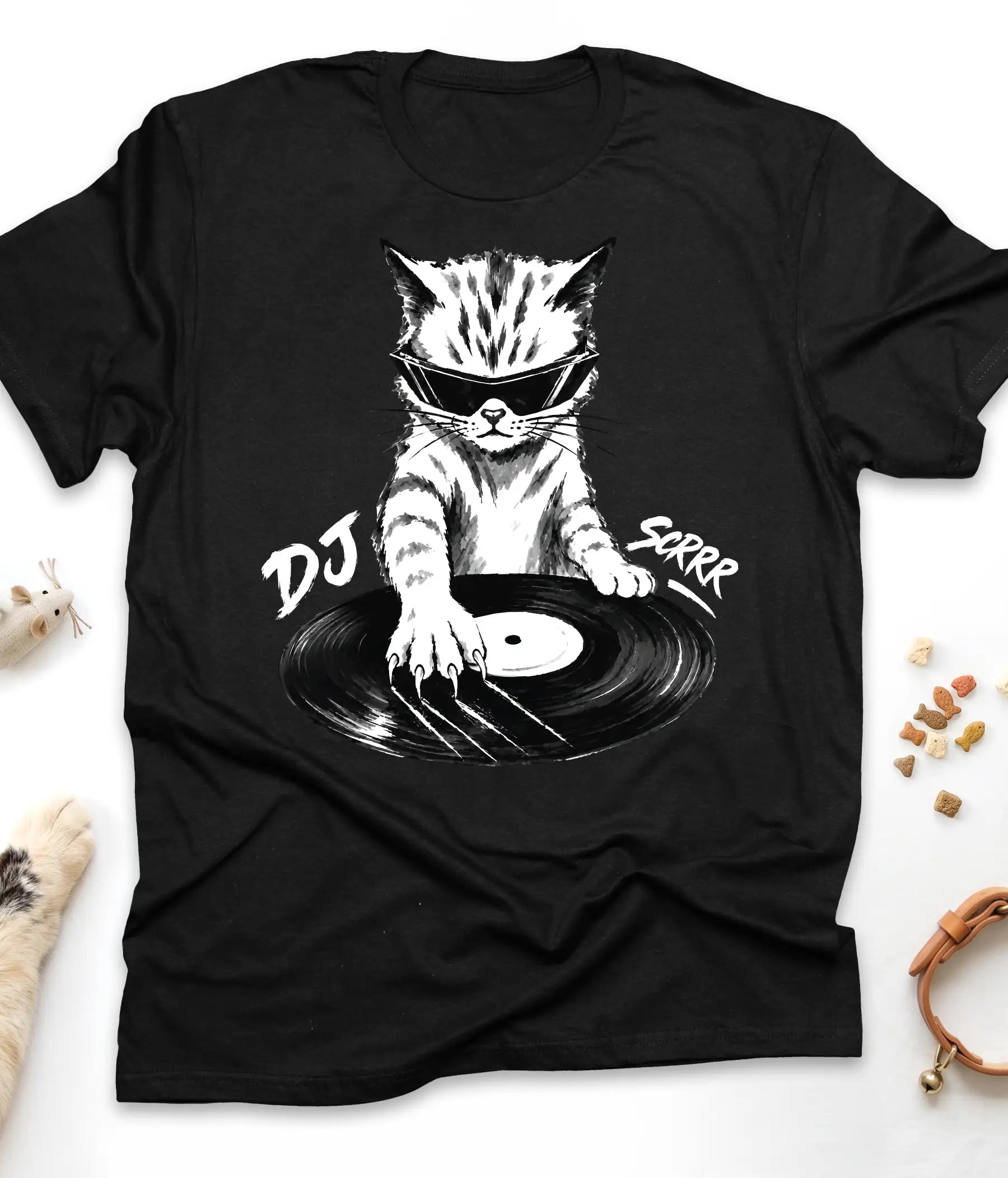 Black funny cat t-shirt with "DJ Scrrr Cat" design, flat lay top view