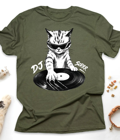 Military Green funny cat t-shirt with "DJ Scrrr Cat" design, flat lay top view