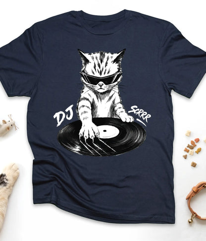 Navy funny cat t-shirt with "DJ Scrrr Cat" design, flat lay top view