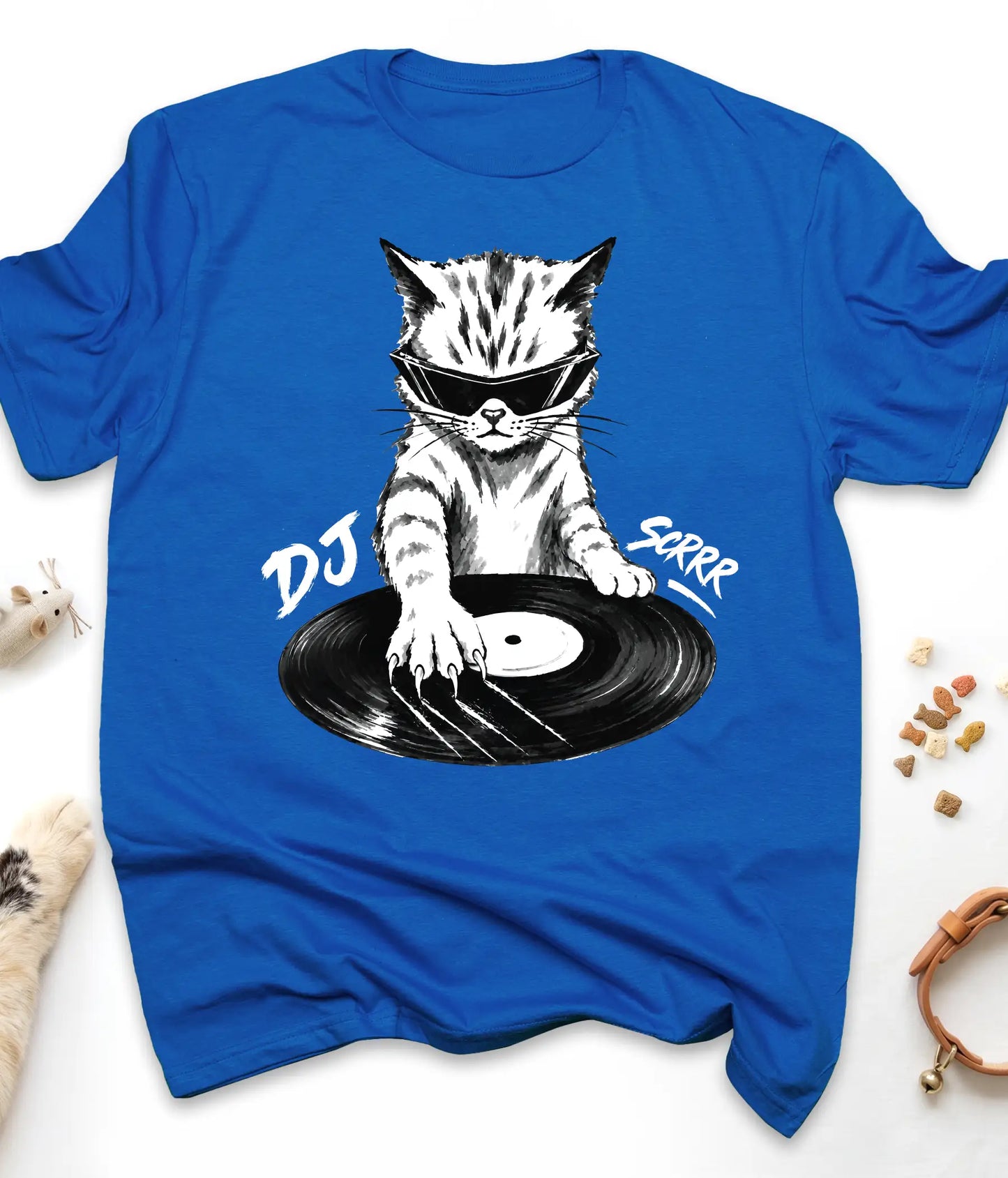 Royal funny cat t-shirt with "DJ Scrrr Cat" design, flat lay top view