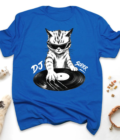 Royal funny cat t-shirt with "DJ Scrrr Cat" design, flat lay top view