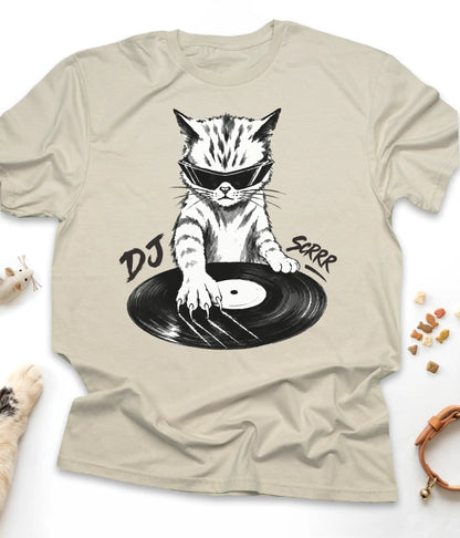 Sand funny cat t-shirt with "DJ Scrrr Cat" design, flat lay top view