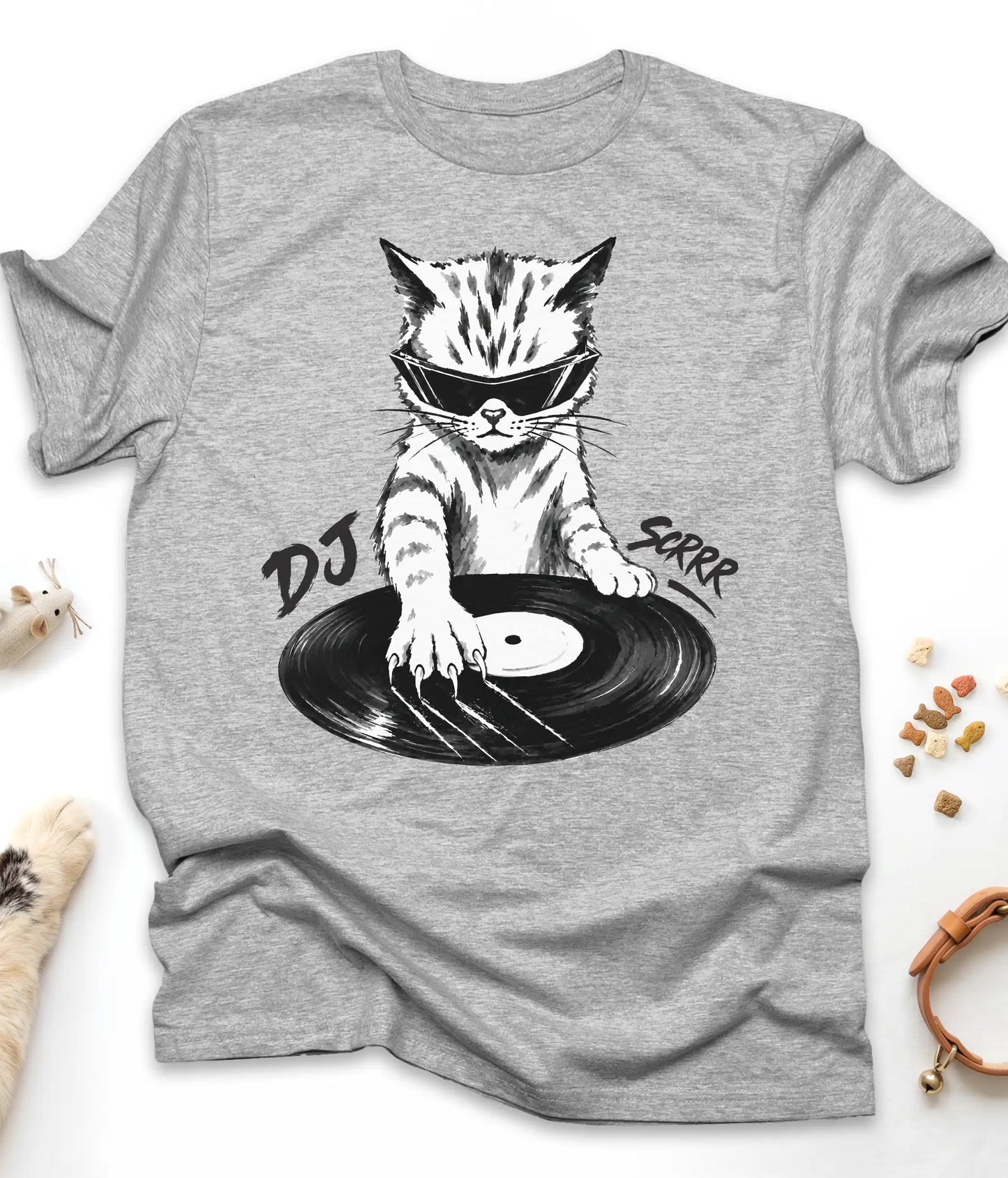 Sport Grey funny cat t-shirt with "DJ Scrrr Cat" design, flat lay top view