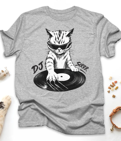 Sport Grey funny cat t-shirt with "DJ Scrrr Cat" design, flat lay top view