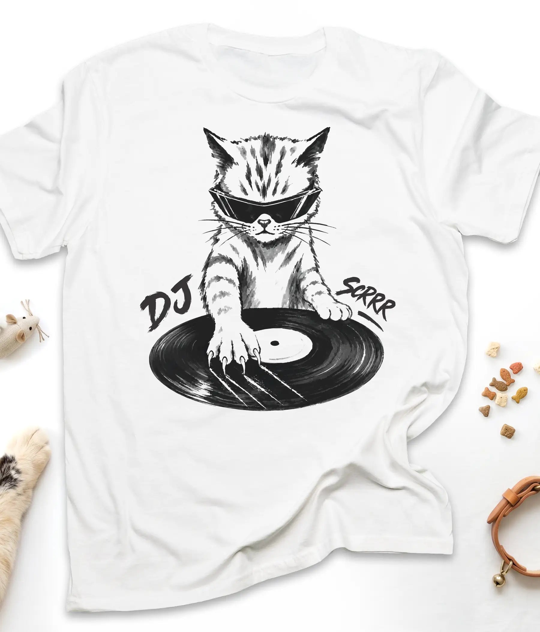 White funny cat t-shirt with "DJ Scrrr Cat" design, flat lay top view