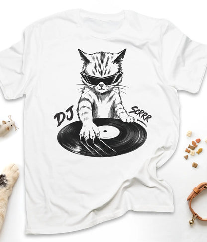 White funny cat t-shirt with "DJ Scrrr Cat" design, flat lay top view