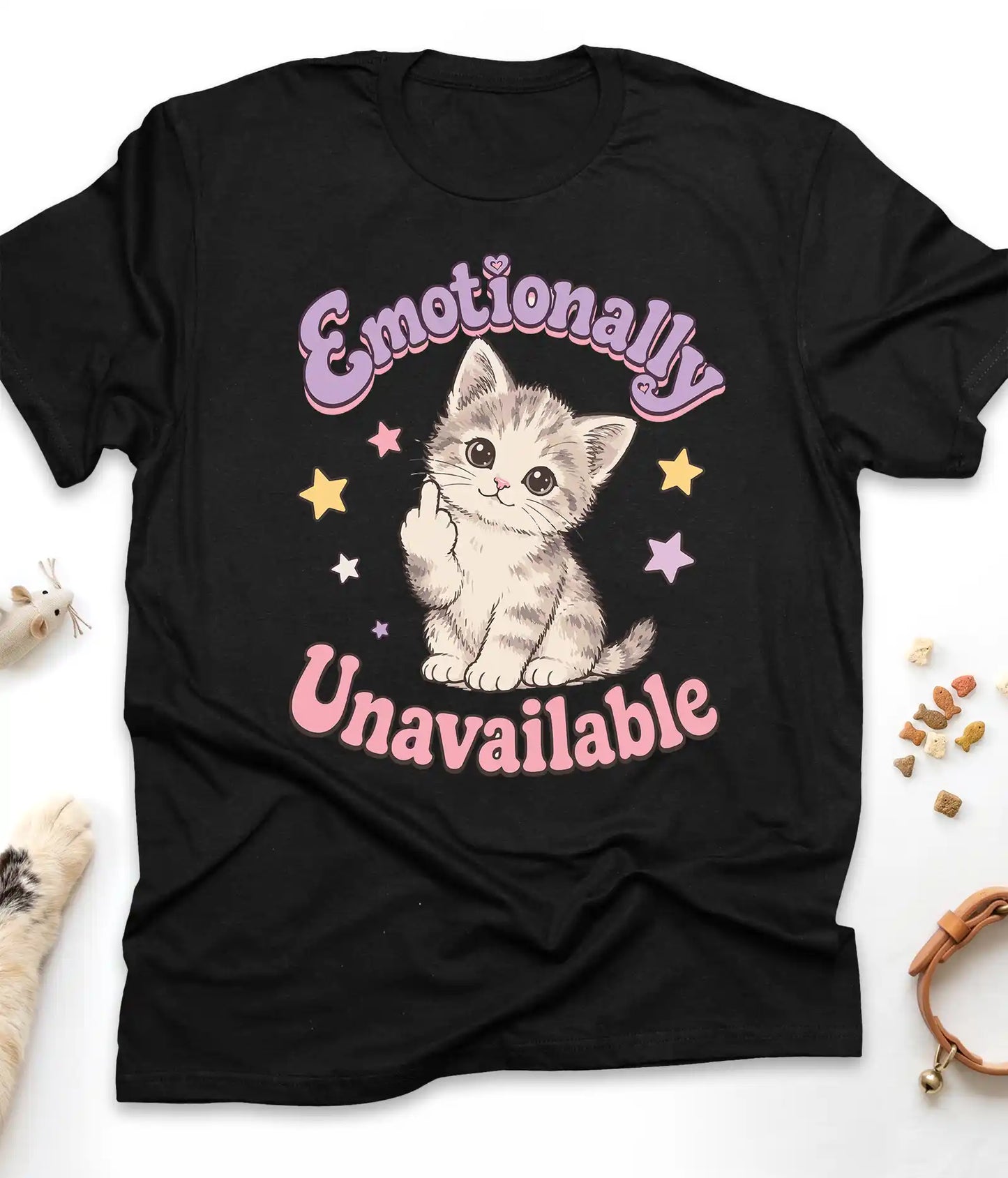 Black funny cat t-shirt with "Emotionally Unavailable" design, front view