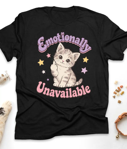 Black funny cat t-shirt with "Emotionally Unavailable" design, front view