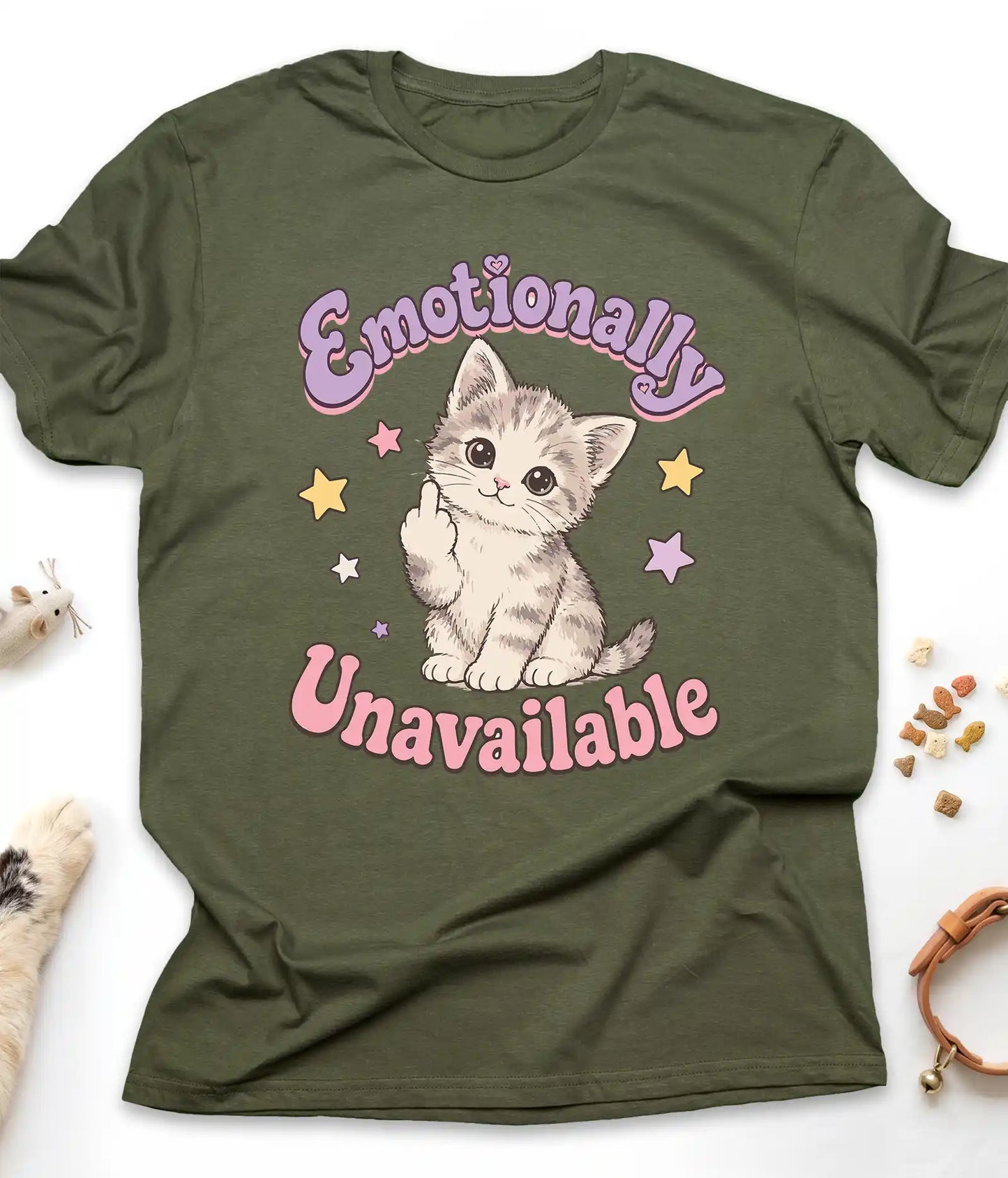 Military Green funny cat t-shirt with "Emotionally Unavailable" design, front view