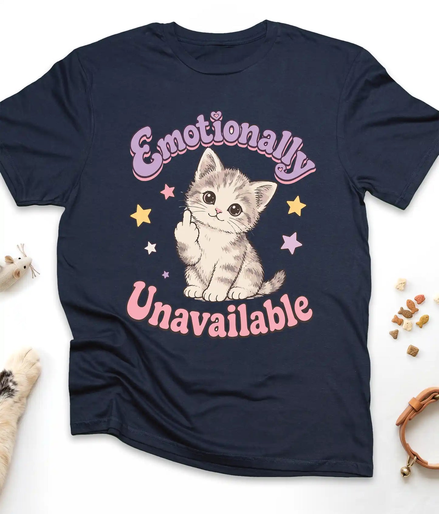 Navy funny cat t-shirt with "Emotionally Unavailable" design, front view