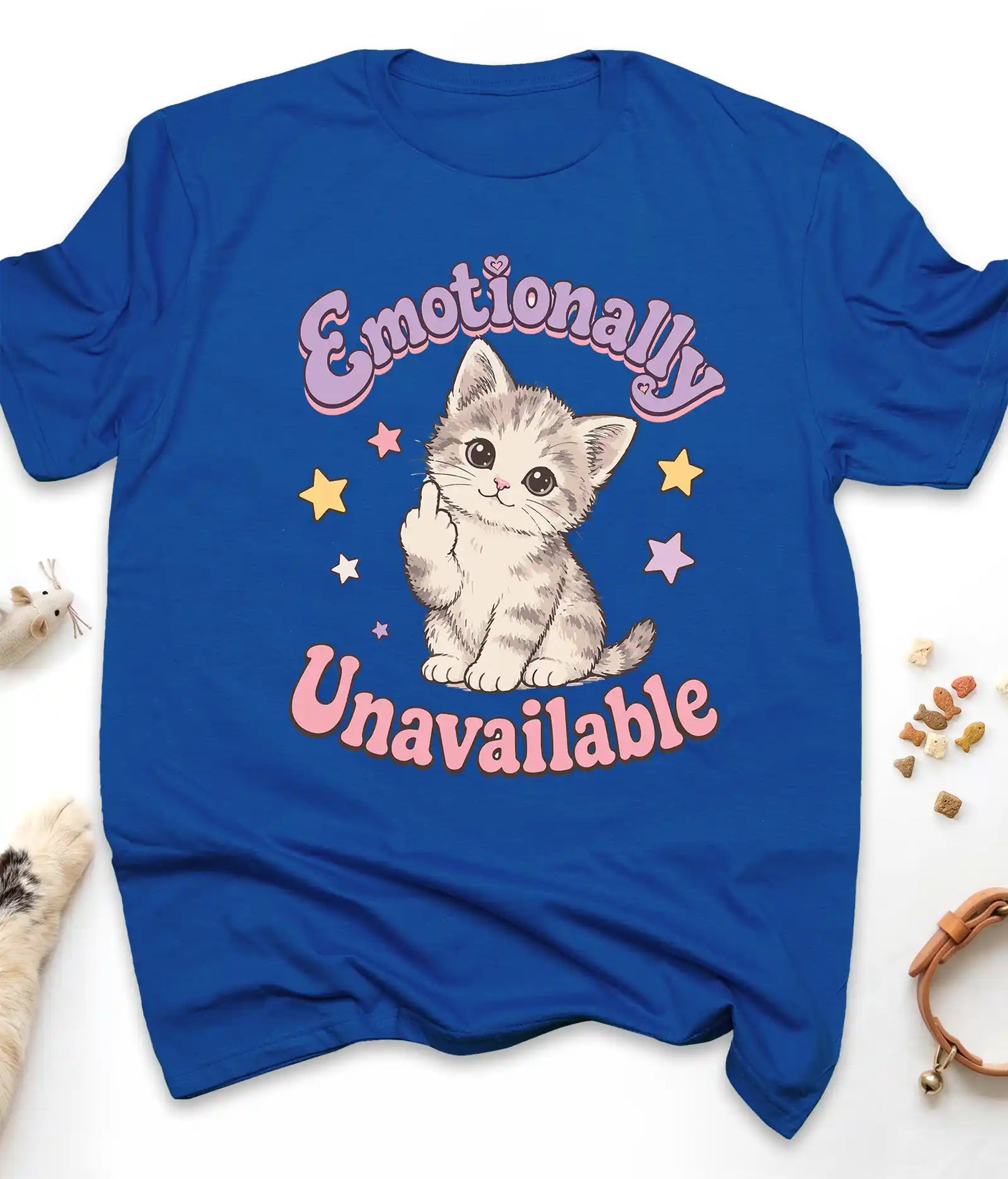 Royal funny cat t-shirt with "Emotionally Unavailable" design, front view