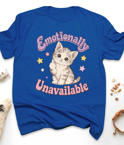 Royal funny cat t-shirt with "Emotionally Unavailable" design, front view