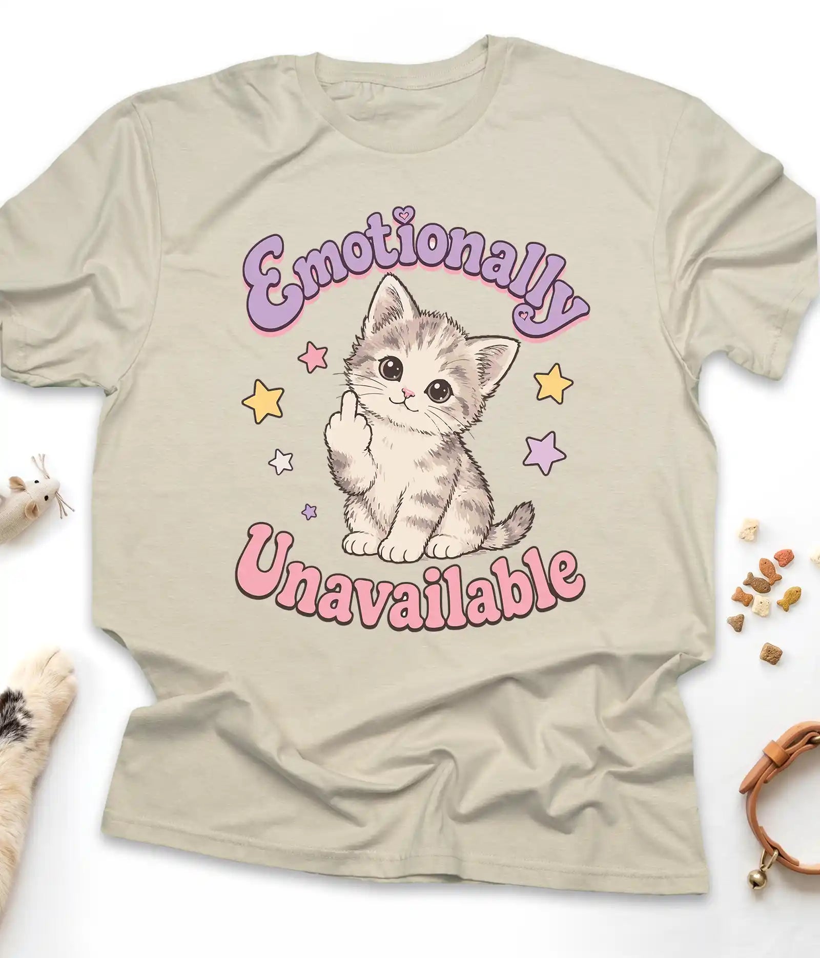 Sand funny cat t-shirt with "Emotionally Unavailable" design, front view