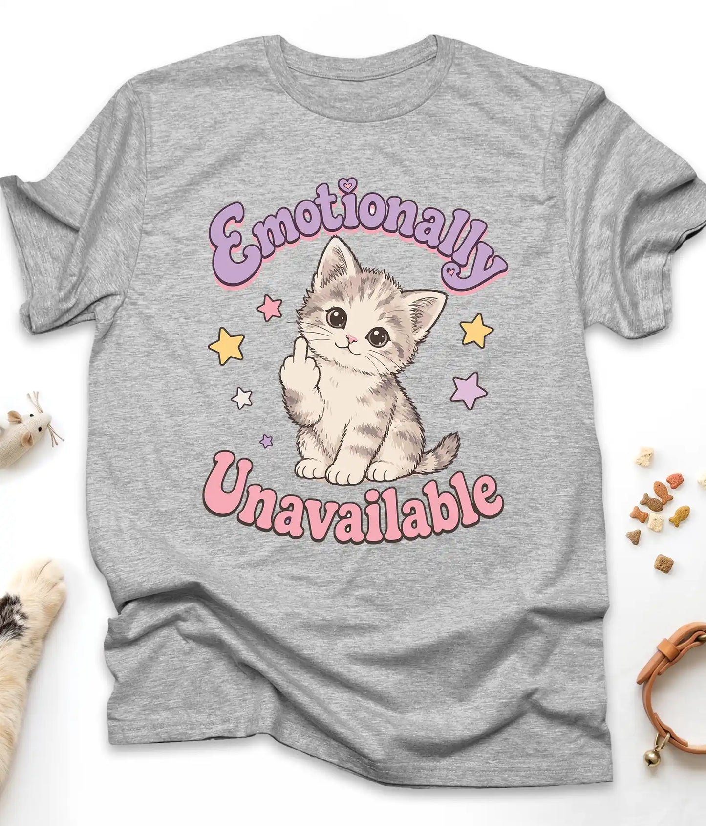 Sport Grey funny cat t-shirt with "Emotionally Unavailable" design, front view