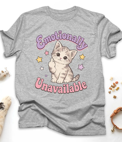 Sport Grey funny cat t-shirt with "Emotionally Unavailable" design, front view