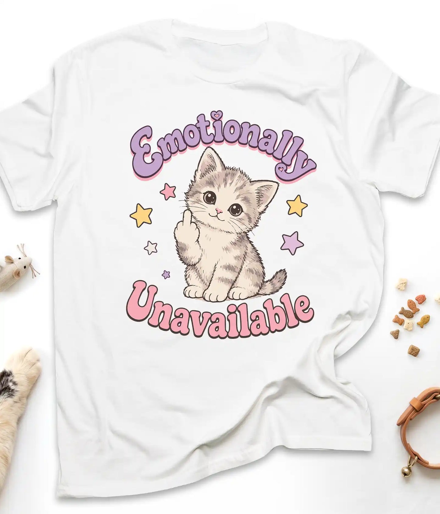 White funny cat t-shirt with "Emotionally Unavailable" design, front view