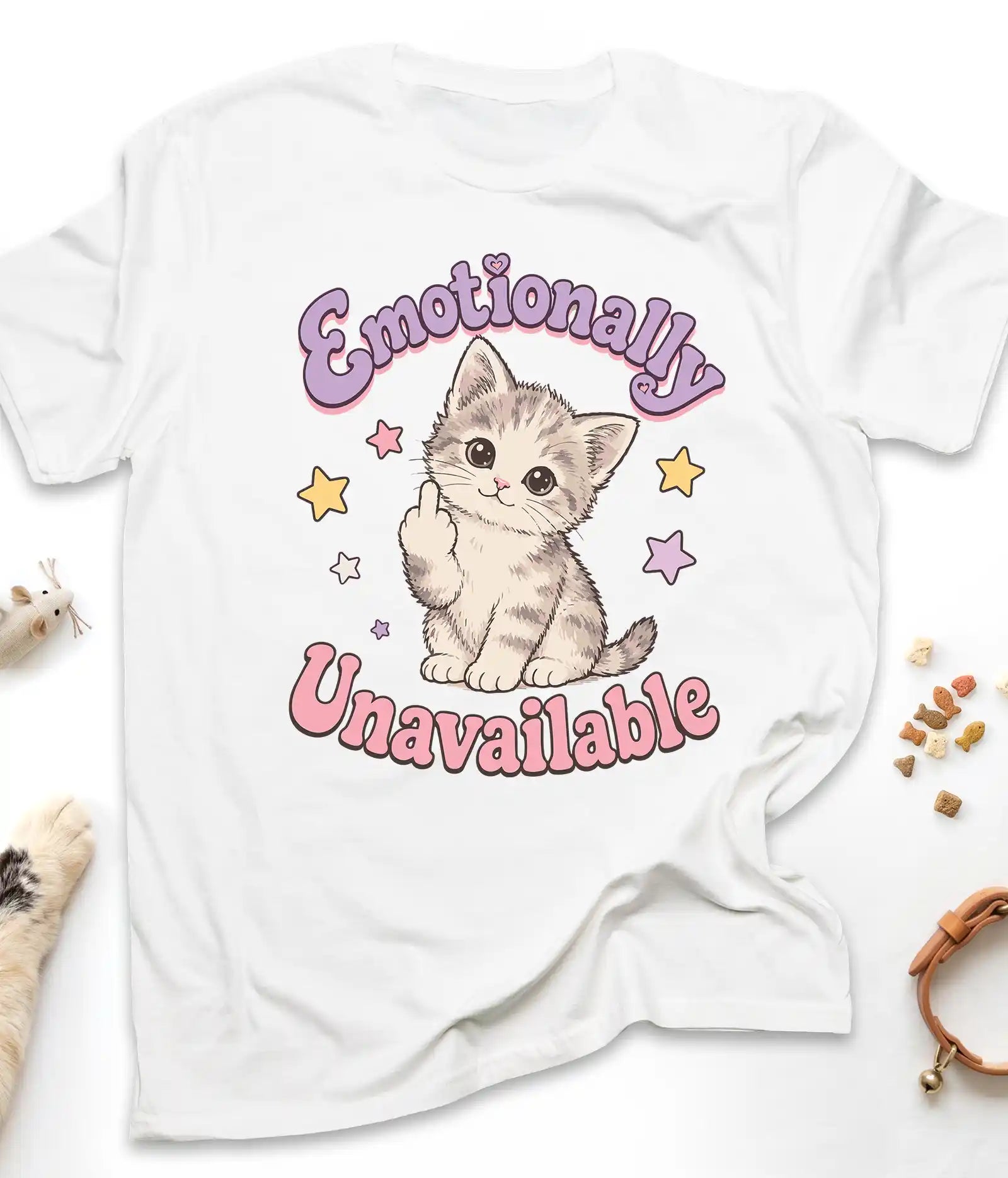 White funny cat t-shirt with "Emotionally Unavailable" design, front view