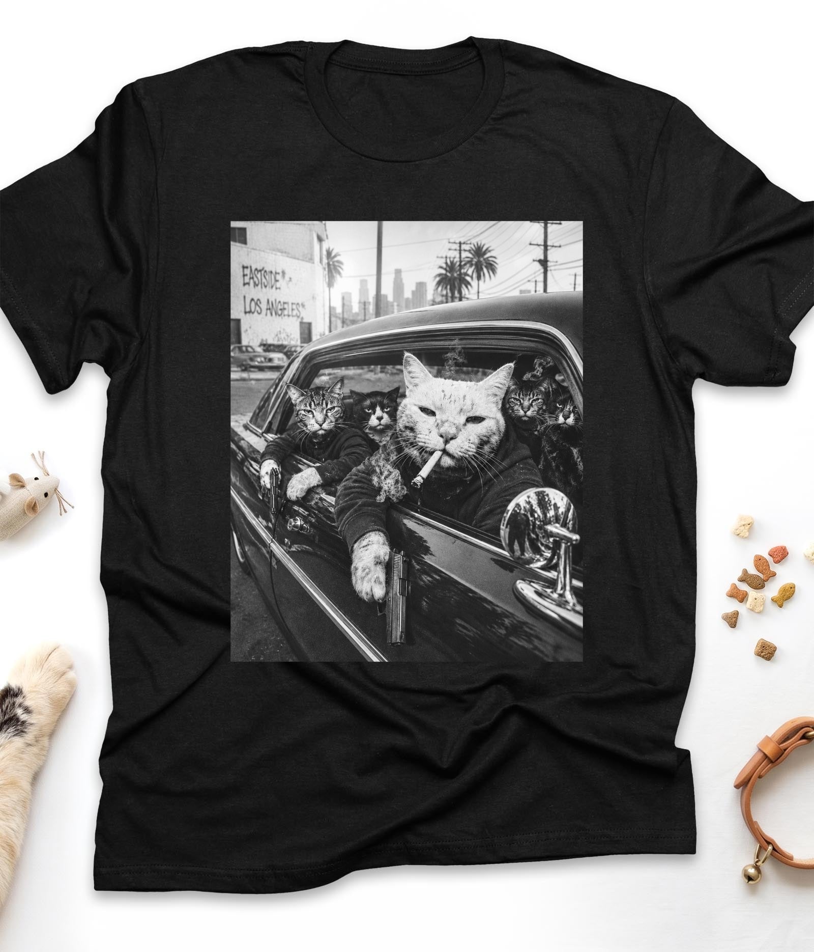 Black funny cat t-shirt with "Gangster Cats" design, front view