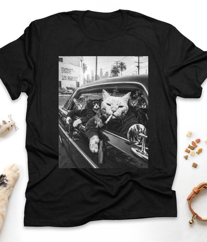 Black funny cat t-shirt with "Gangster Cats" design, front view