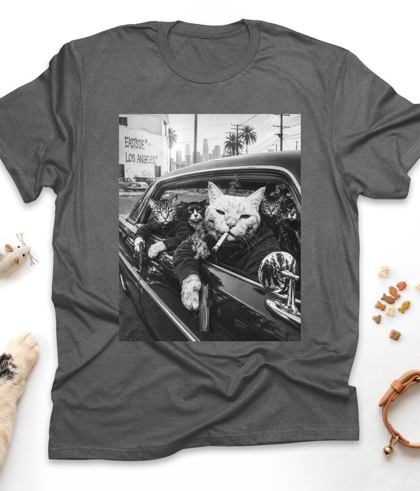 Dark Heather funny cat t-shirt with "Gangster Cats" design, front view