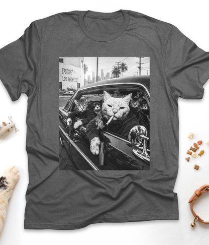 Dark Heather funny cat t-shirt with "Gangster Cats" design, front view