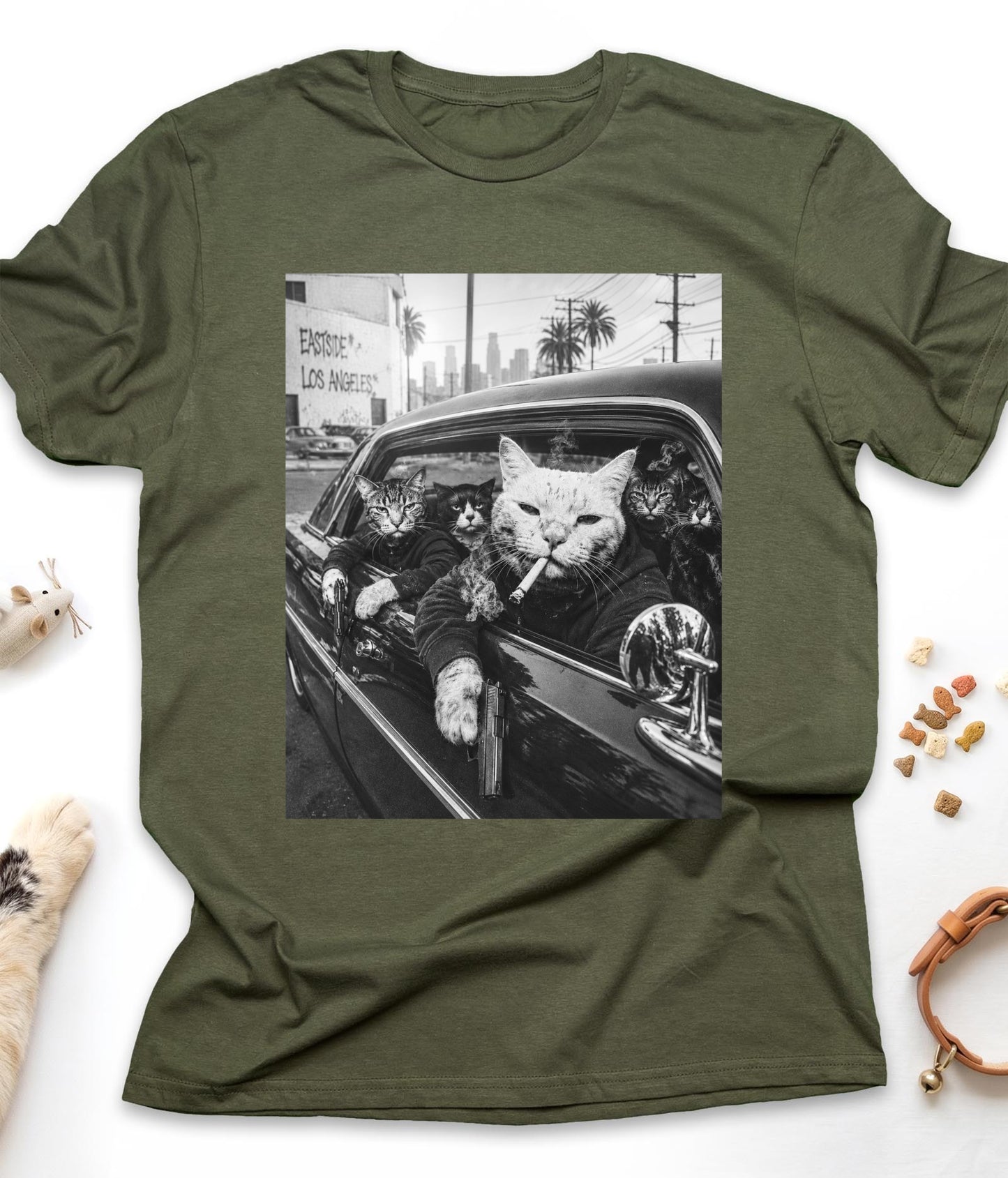 Military Green funny cat t-shirt with "Gangster Cats" design, front view
