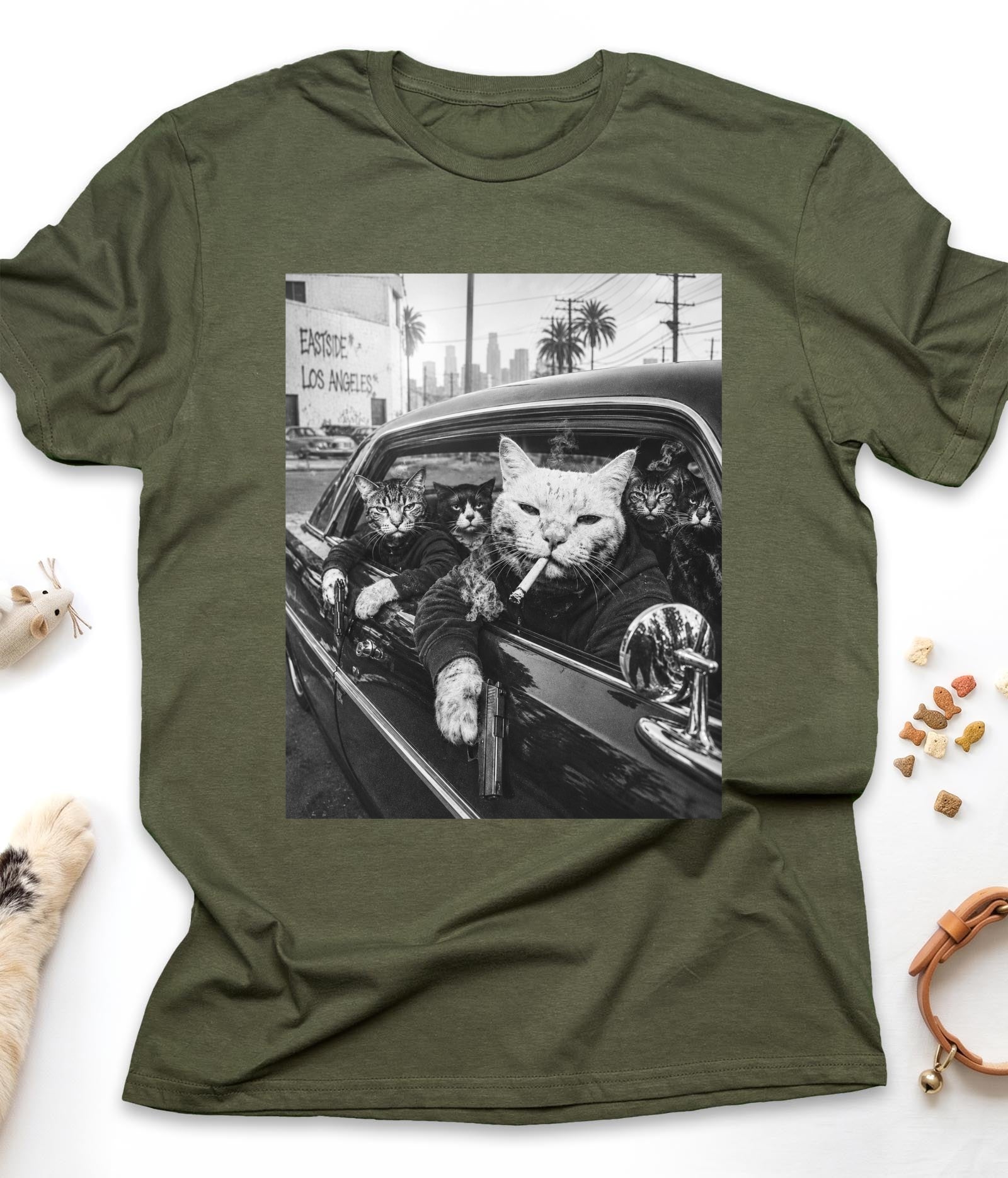 Military Green funny cat t-shirt with "Gangster Cats" design, front view