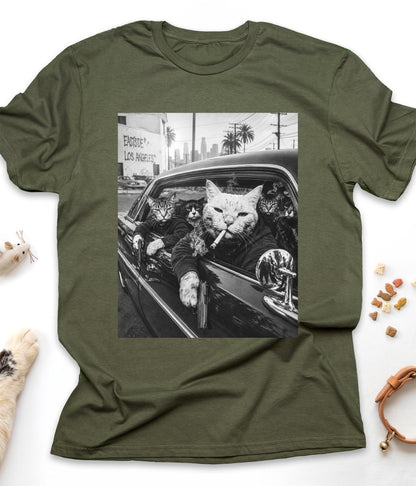 Military Green funny cat t-shirt with "Gangster Cats" design, front view