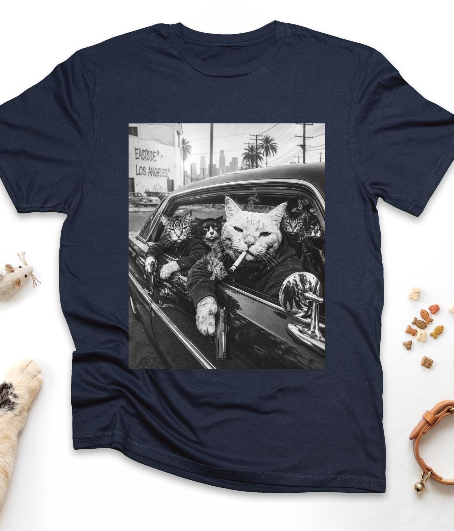 Navy funny cat t-shirt with "Gangster Cats" design, front view