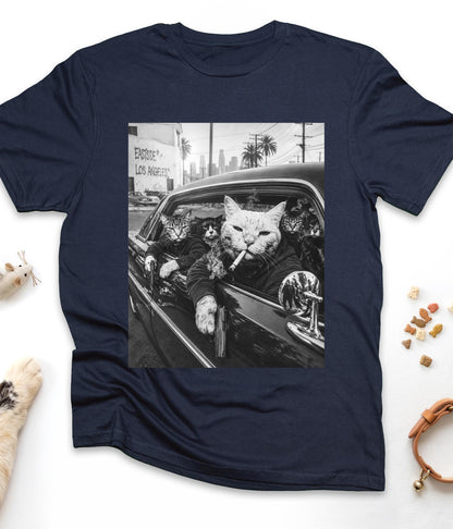 Navy funny cat t-shirt with "Gangster Cats" design, front view