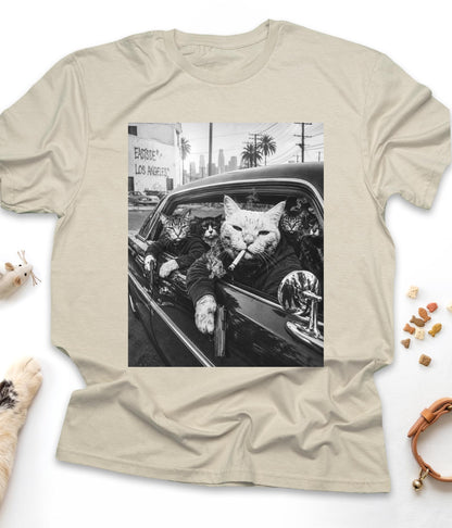 Sand funny cat t-shirt with "Gangster Cats" design, front view