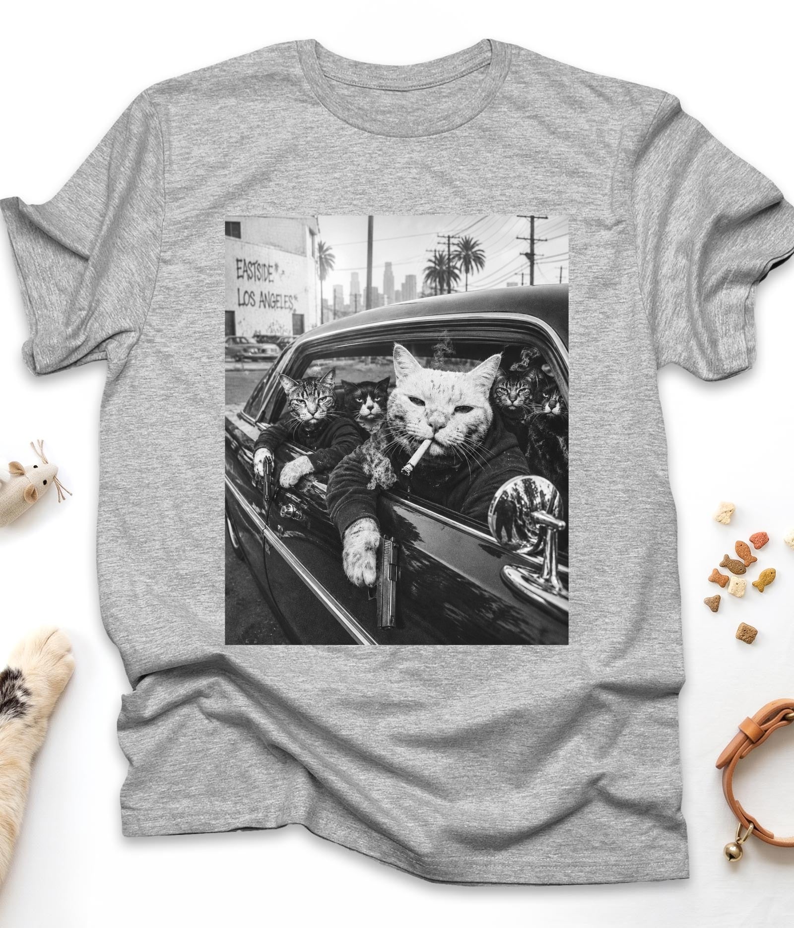 Sport Grey funny cat t-shirt with "Gangster Cats" design, front view