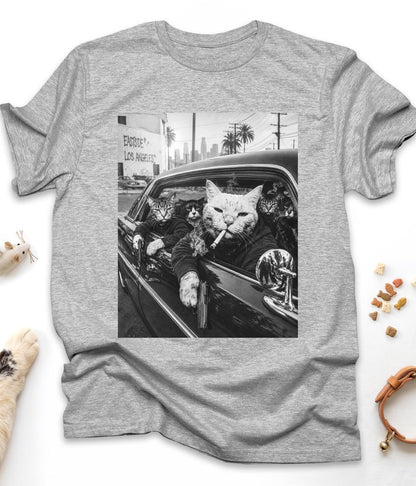 Sport Grey funny cat t-shirt with "Gangster Cats" design, front view