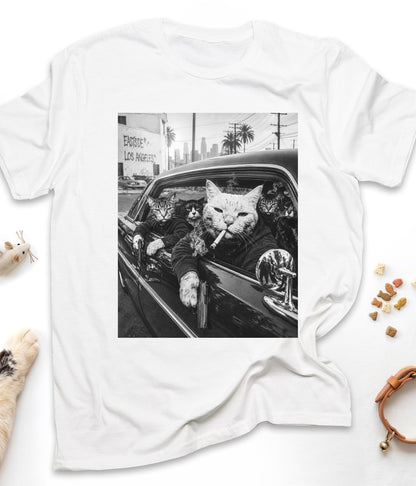 White funny cat t-shirt with "Gangster Cats" design, front view