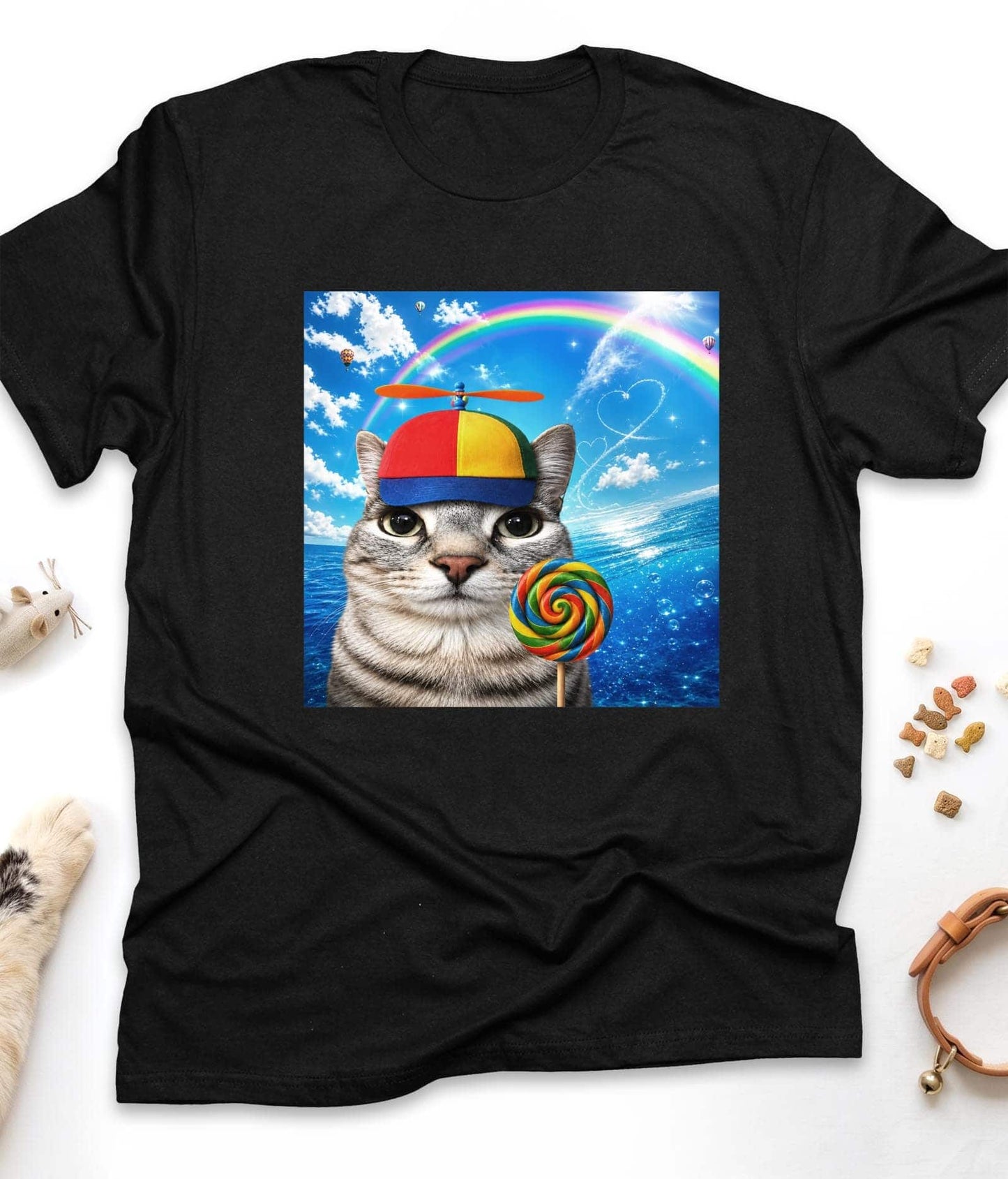Black funny cat t-shirt with "Happy Cat Dreamcore Meme" design, front view