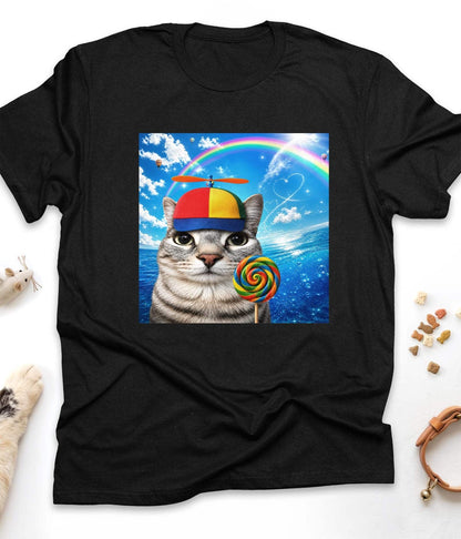 Black funny cat t-shirt with "Happy Cat Dreamcore Meme" design, front view