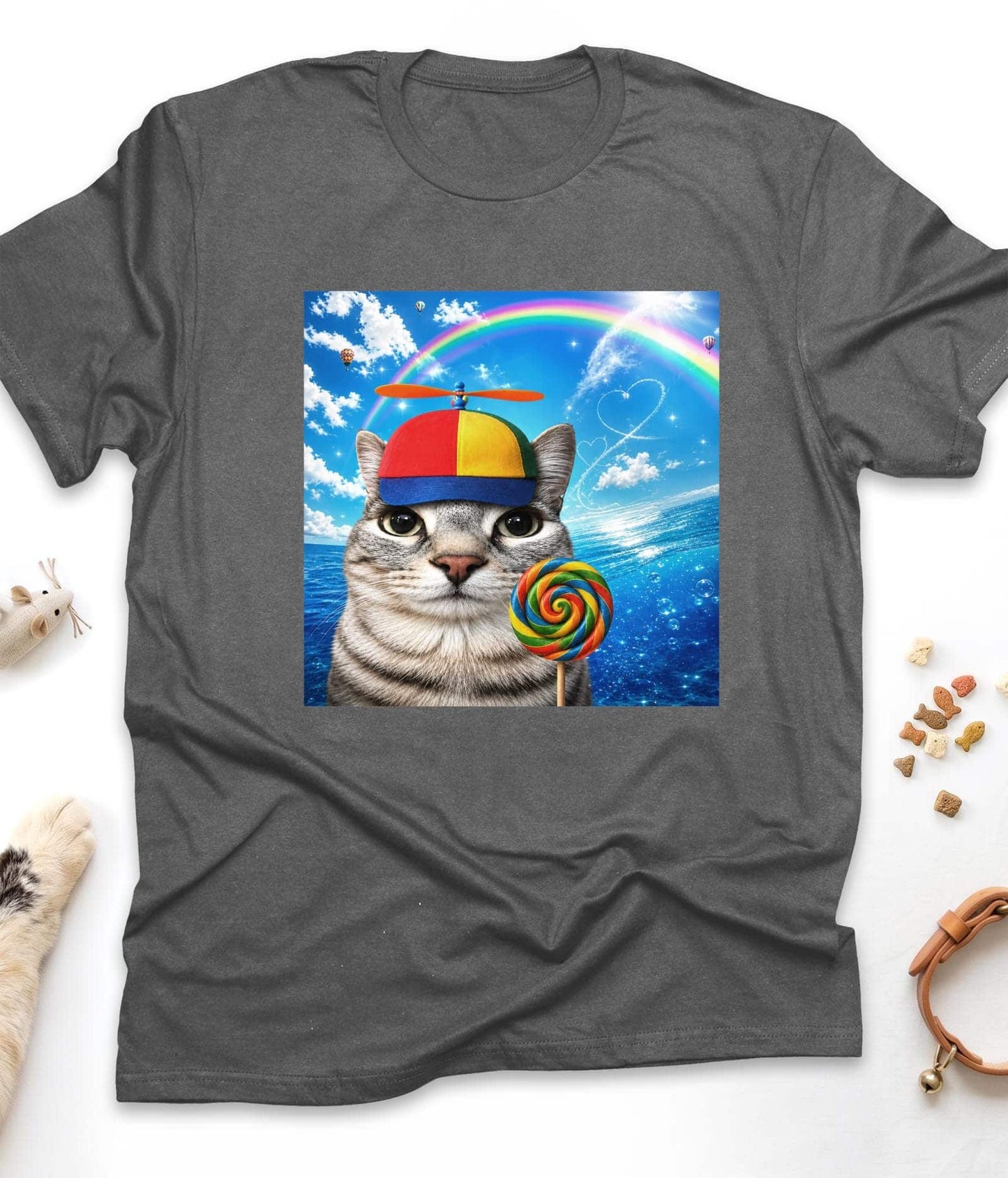 Dark Heather funny cat t-shirt with "Happy Cat Dreamcore Meme" design, front view