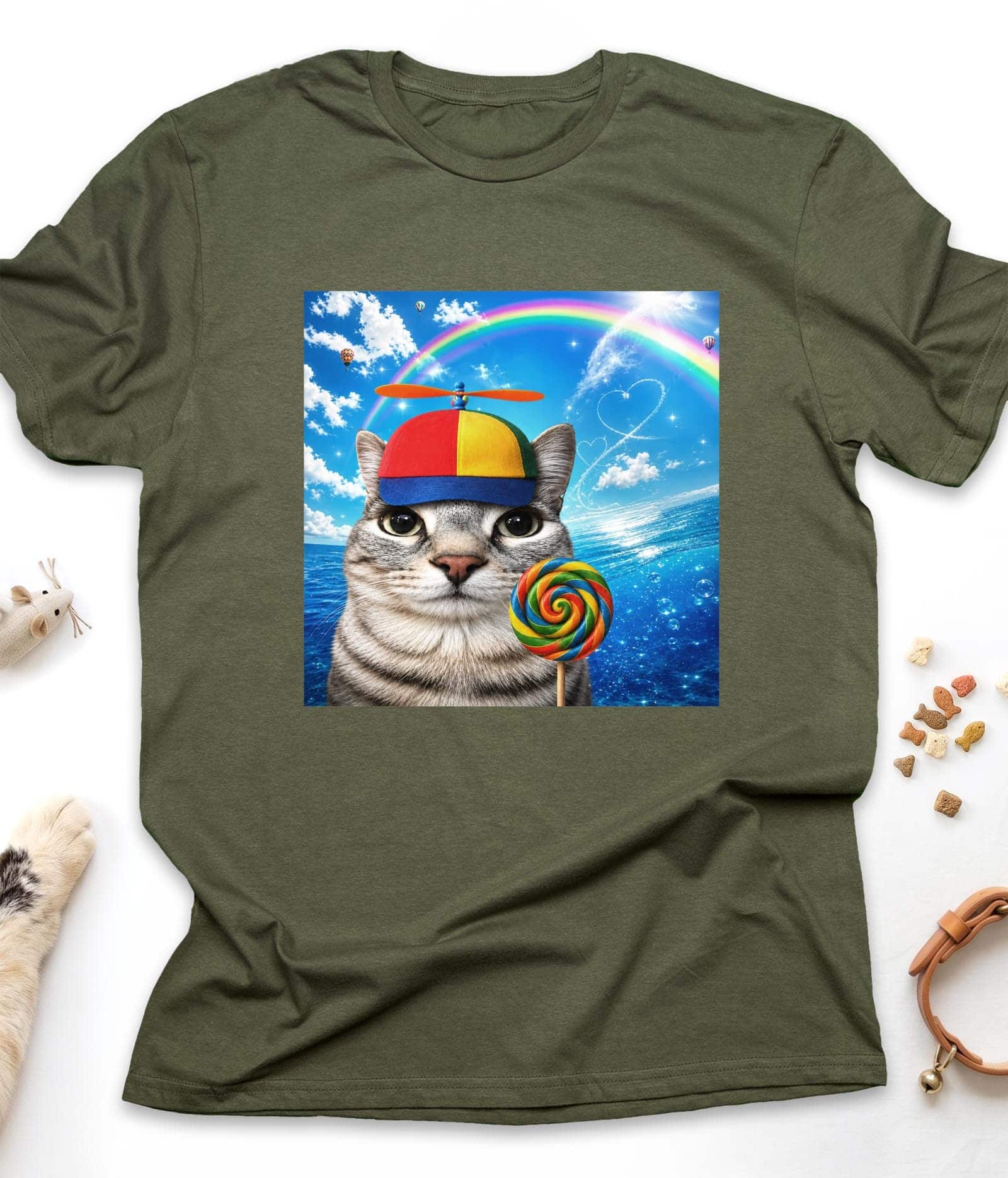 Military Green funny cat t-shirt with "Happy Cat Dreamcore Meme" design, front view (no matching variant currently sold)
