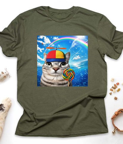 Military Green funny cat t-shirt with "Happy Cat Dreamcore Meme" design, front view (no matching variant currently sold)