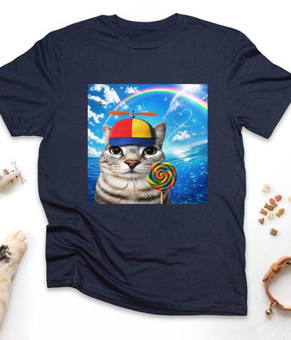 Navy funny cat t-shirt with "Happy Cat Dreamcore Meme" design, front view
