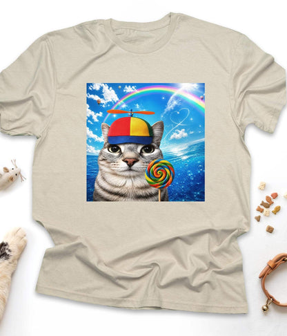 Sand funny cat t-shirt with "Happy Cat Dreamcore Meme" design, front view