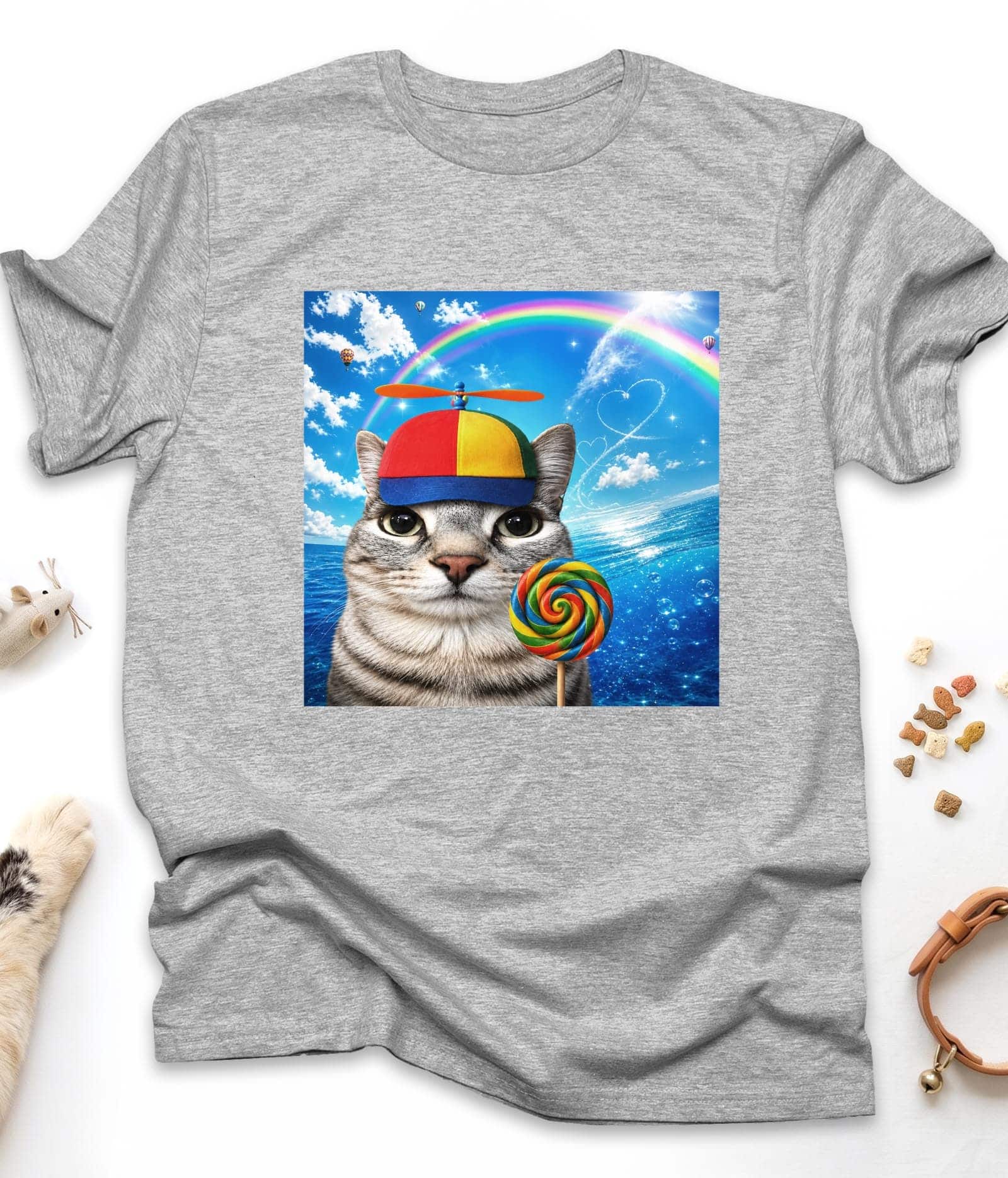 Sport Grey funny cat t-shirt with "Happy Cat Dreamcore Meme" design, front view