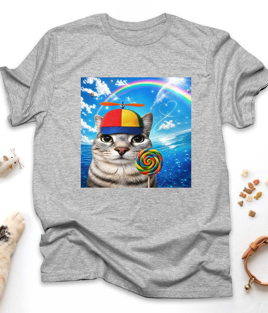 Sport Grey funny cat t-shirt with "Happy Cat Dreamcore Meme" design, front view