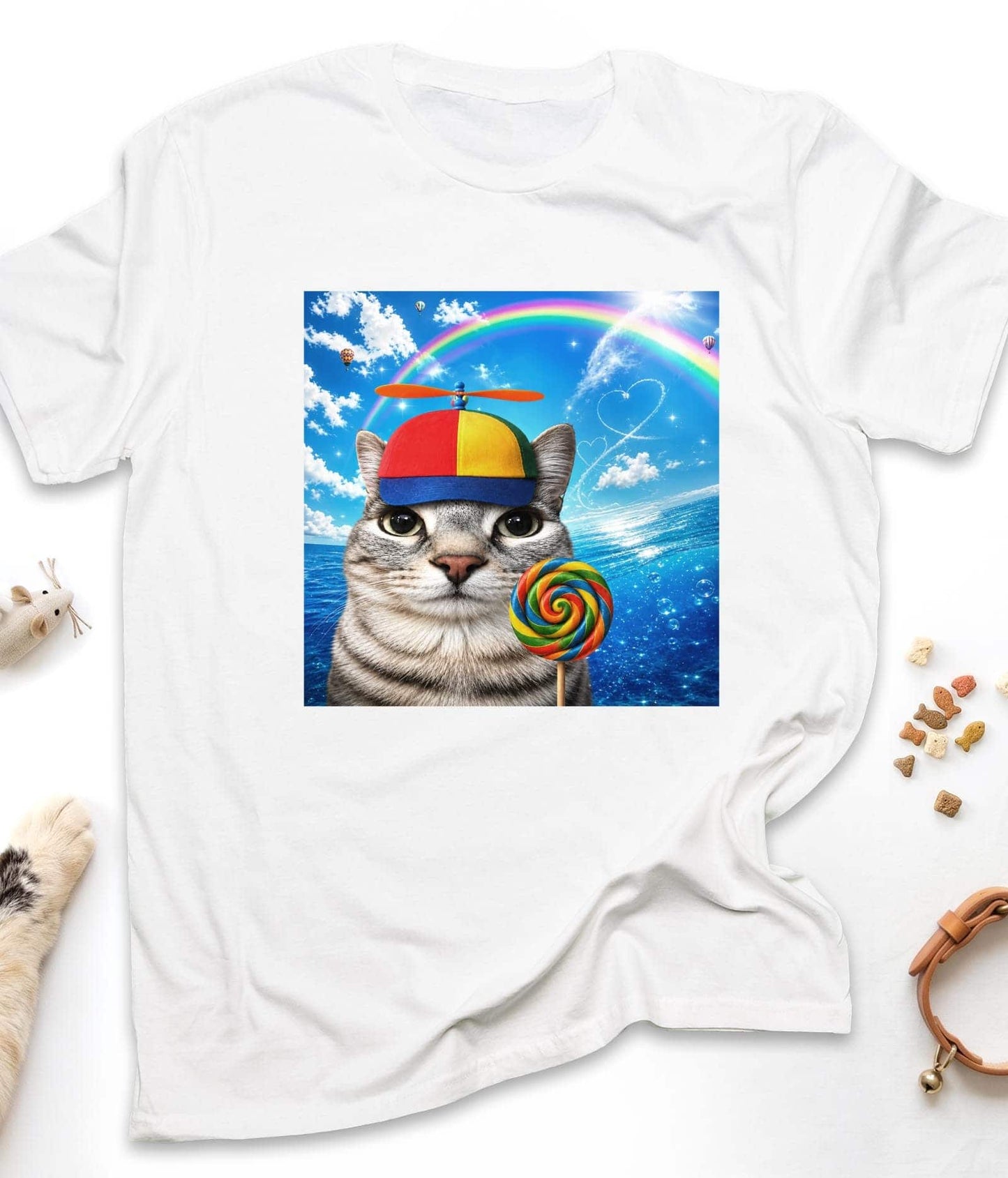 White funny cat t-shirt with "Happy Cat Dreamcore Meme" design, front view