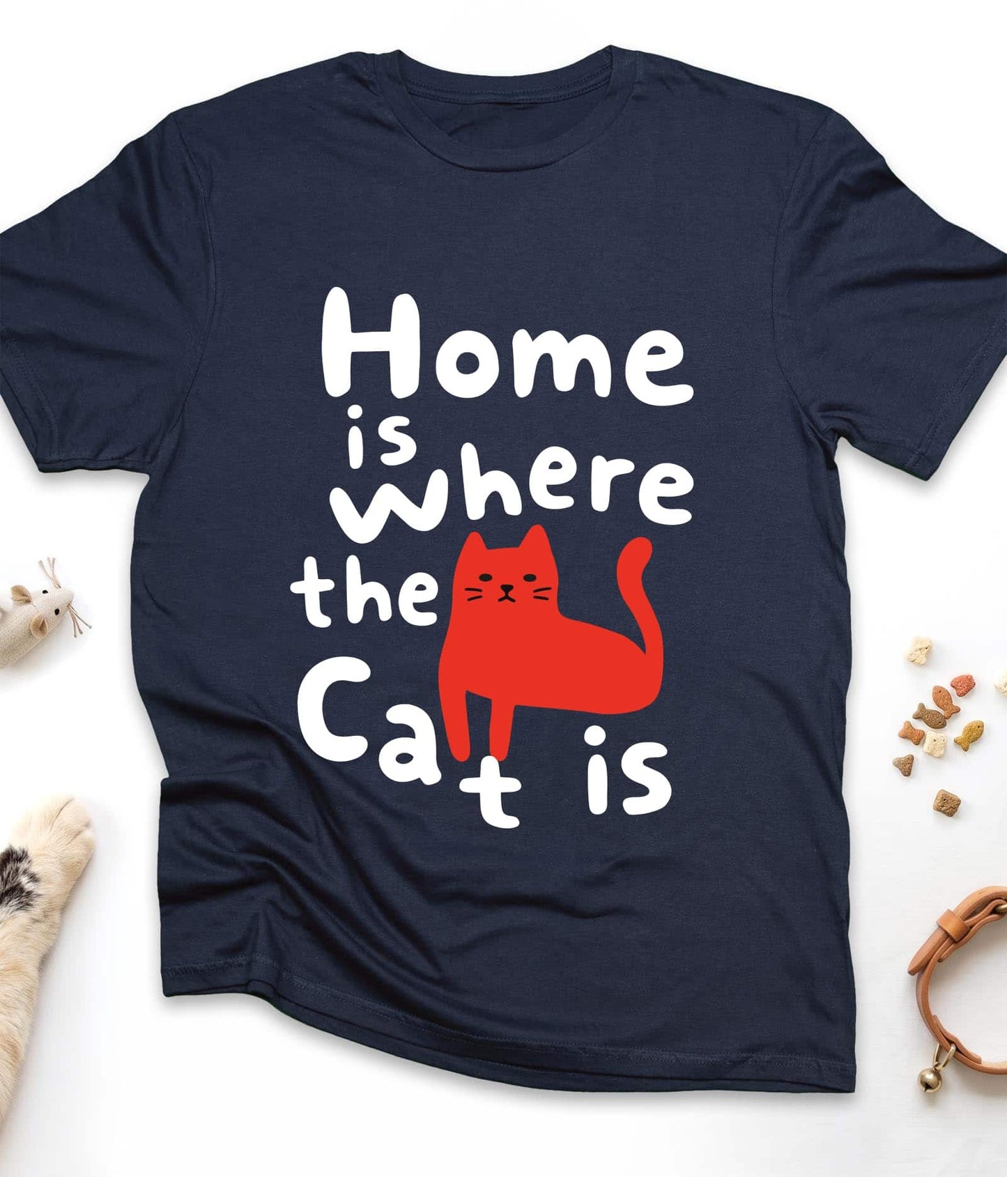 Navy funny cat t-shirt with "Home Is Where the Cat Is" design, front view