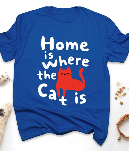 Royal funny cat t-shirt with "Home Is Where the Cat Is" design, front view
