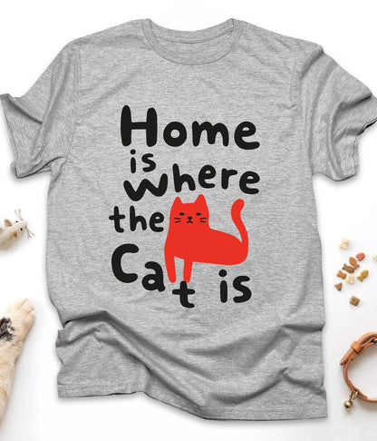 Sport Grey funny cat t-shirt with "Home Is Where the Cat Is" design, front view
